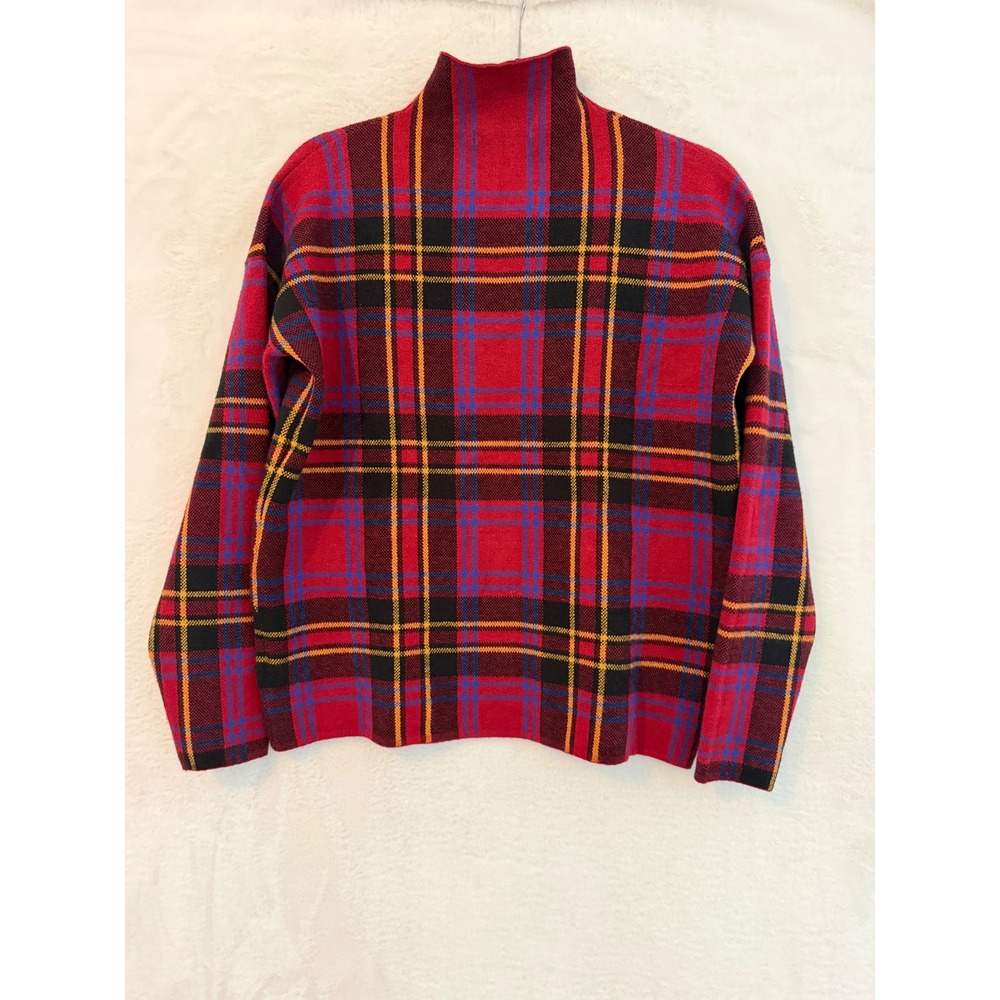 Tahari Red Plaid Mock Neck Sweater Womens Medium Tartan Knit Long Sleeve Top - Picture 6 of 7